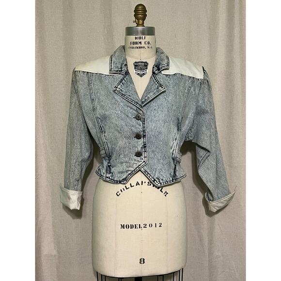 Vintage Izzi Denim and White Leather Blazer Jacket - Picture 1 of 11